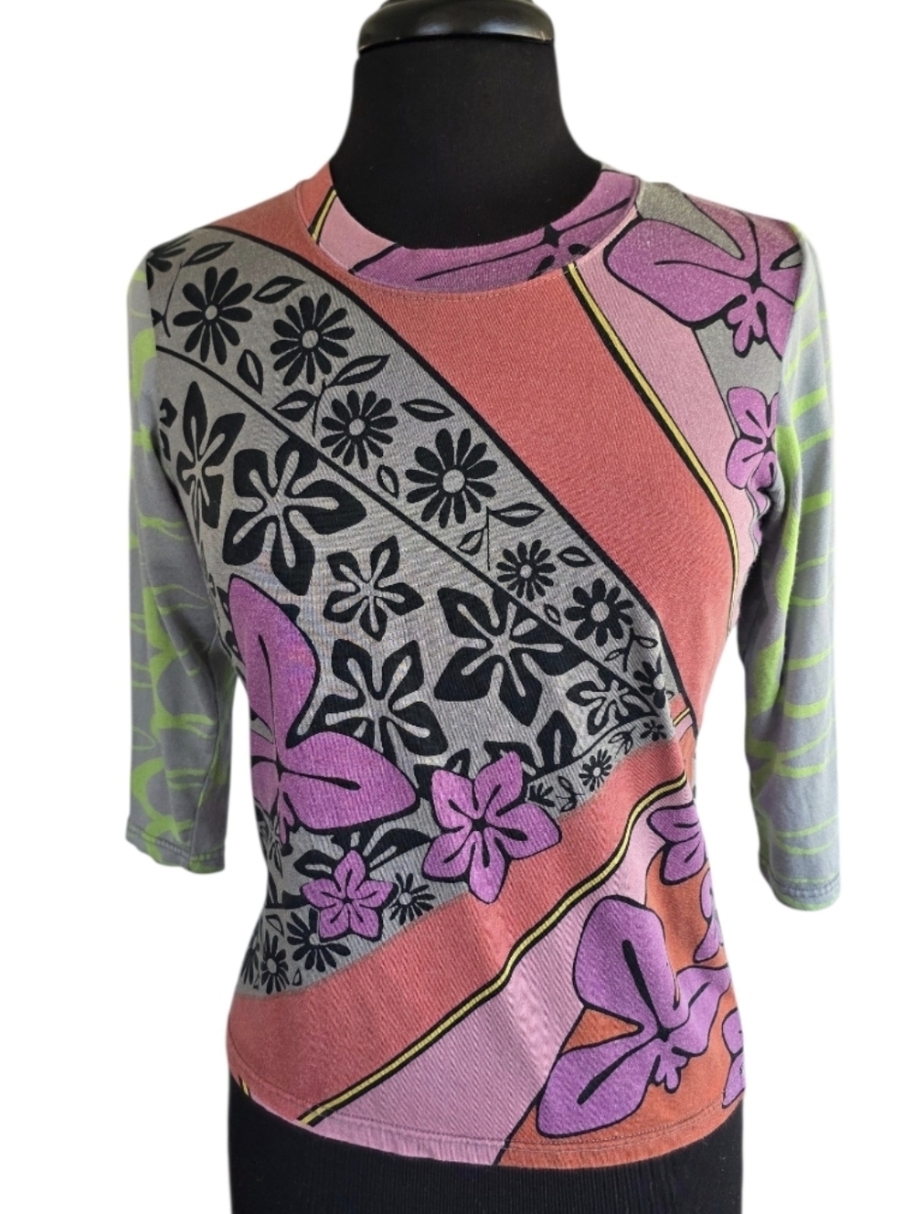 Vintage Y2K Silk Knit Tee Euro Lynn Ritchie M Multicolor Floral Long Sleeve Tee